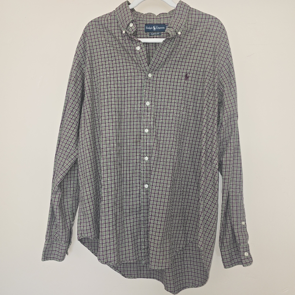 Ralph Lauren Button Down Mens XL Green Purple Plaid Classic Fit Long Sleeve Pony